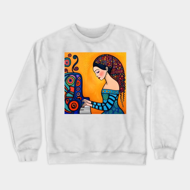 Young woman playing a Piano Crewneck Sweatshirt by Colin-Bentham